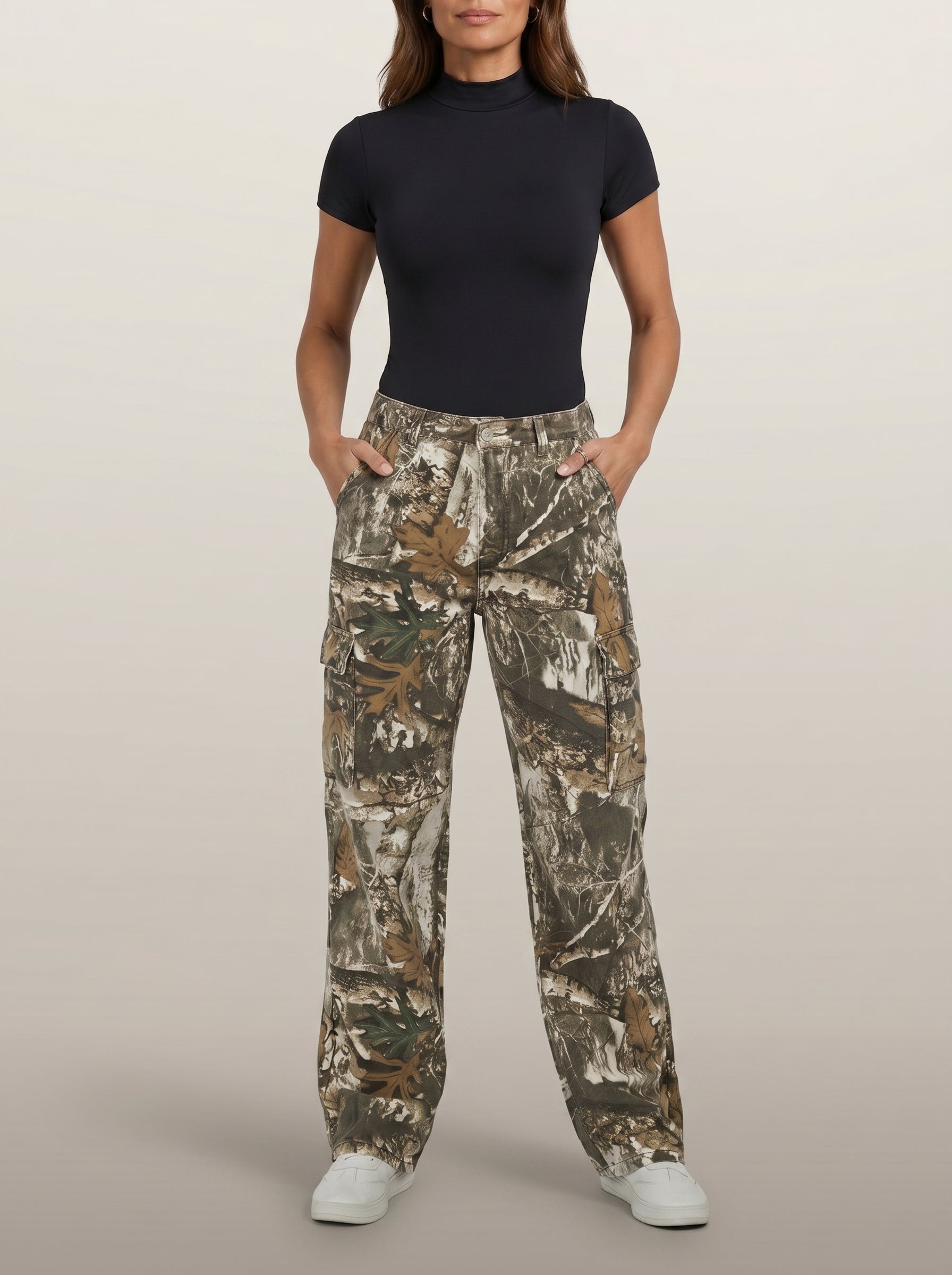 Dipni | Women's Camo Cargo Pants High Rise Loose Fit