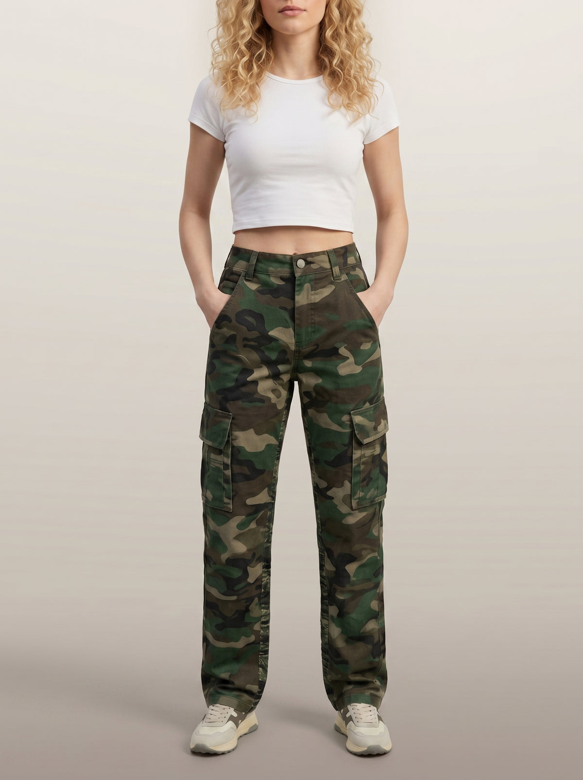Dipni | Women's Camo Cargo Pants Multi Pocket Straight Leg