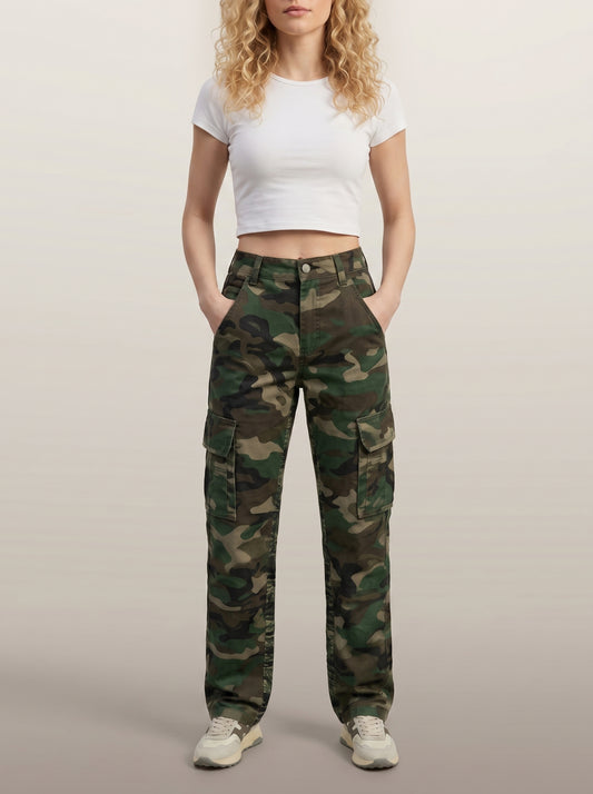 Dipni | Women's Camo Cargo Pants Multi Pocket Straight Leg