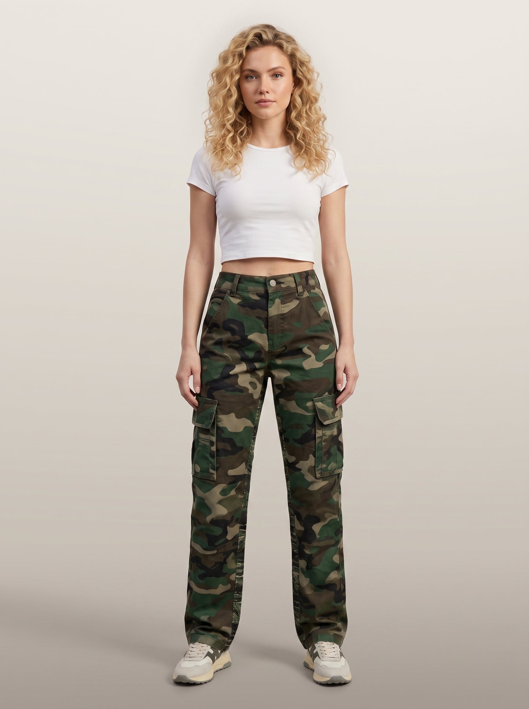 Dipni | Women's Camo Cargo Pants Multi Pocket Straight Leg