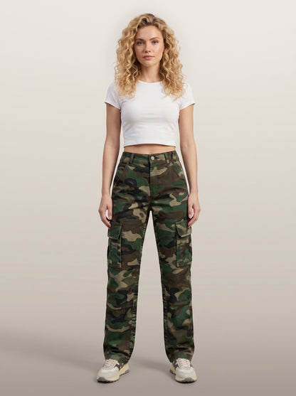 Dipni | Women's Camo Cargo Pants Multi Pocket Straight Leg