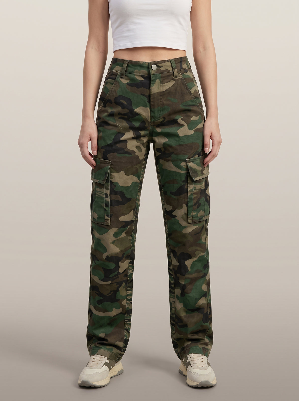 Dipni | Women's Camo Cargo Pants Multi Pocket Straight Leg