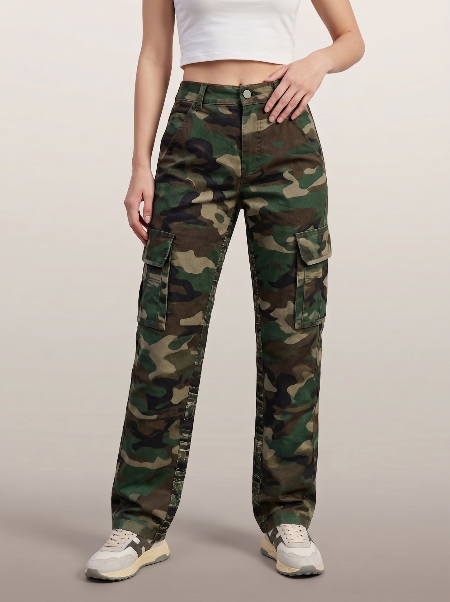 Dipni | Women's Camo Cargo Pants Multi Pocket Straight Leg