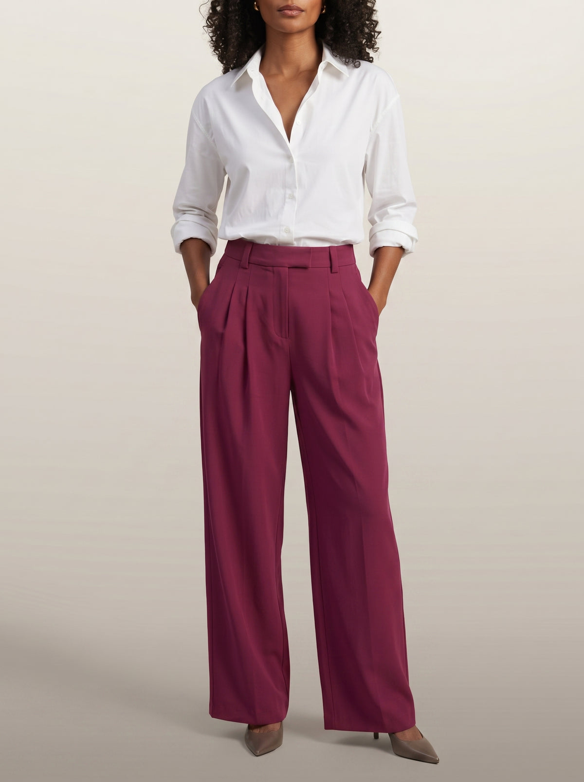 dipni womens high waisted wide leg trousers rood hands in pockets 03