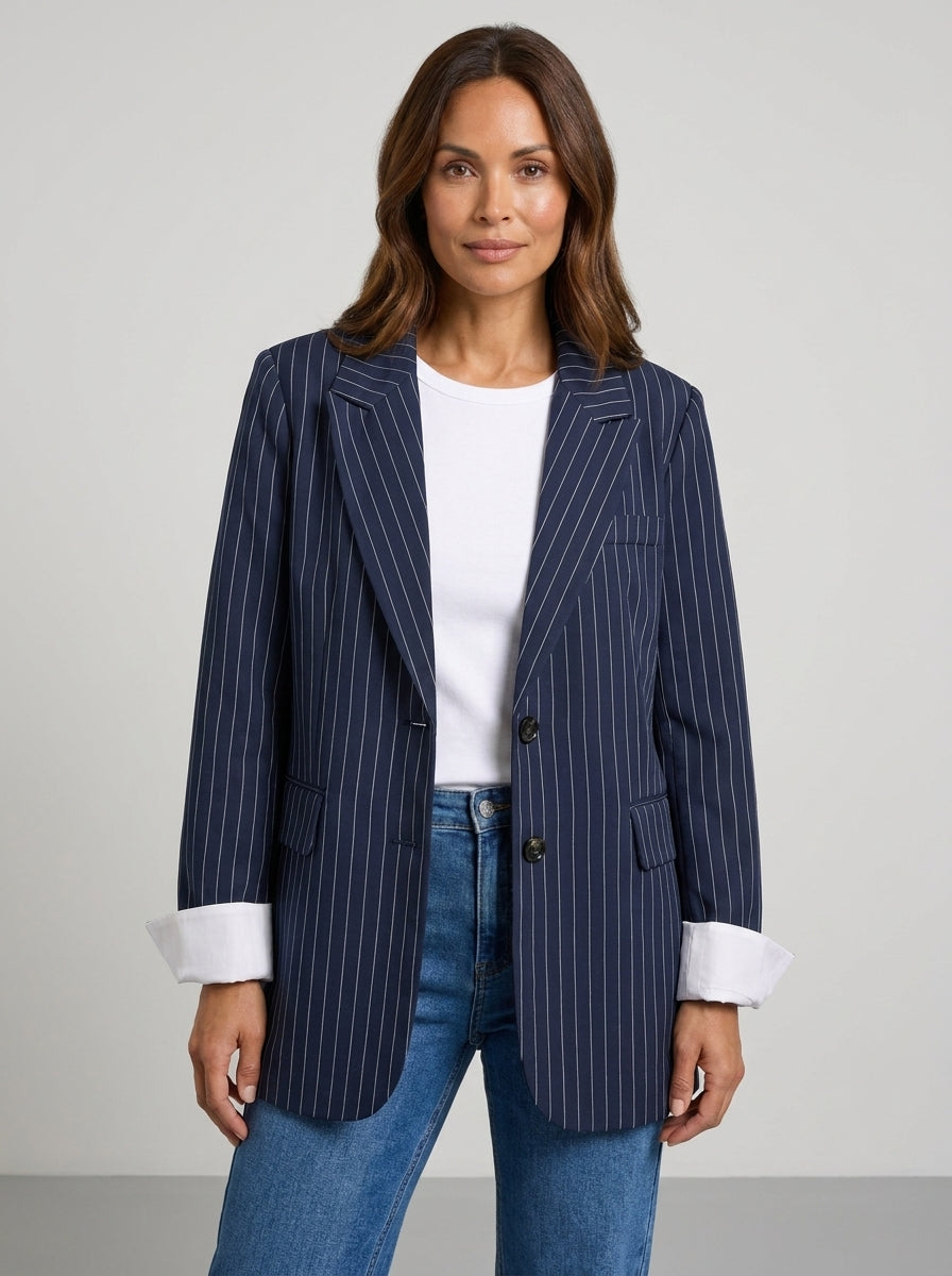 Dipni | Women's Oversized Blazer - Navy Pinstripe White Trim Jacket