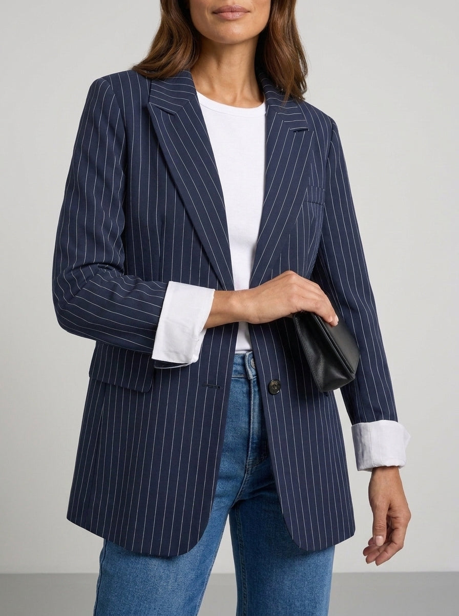 Dipni | Women's Oversized Blazer - Navy Pinstripe White Trim Jacket