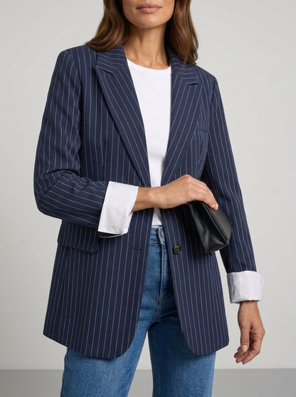 Dipni | Women's Oversized Blazer - Navy Pinstripe White Trim Jacket