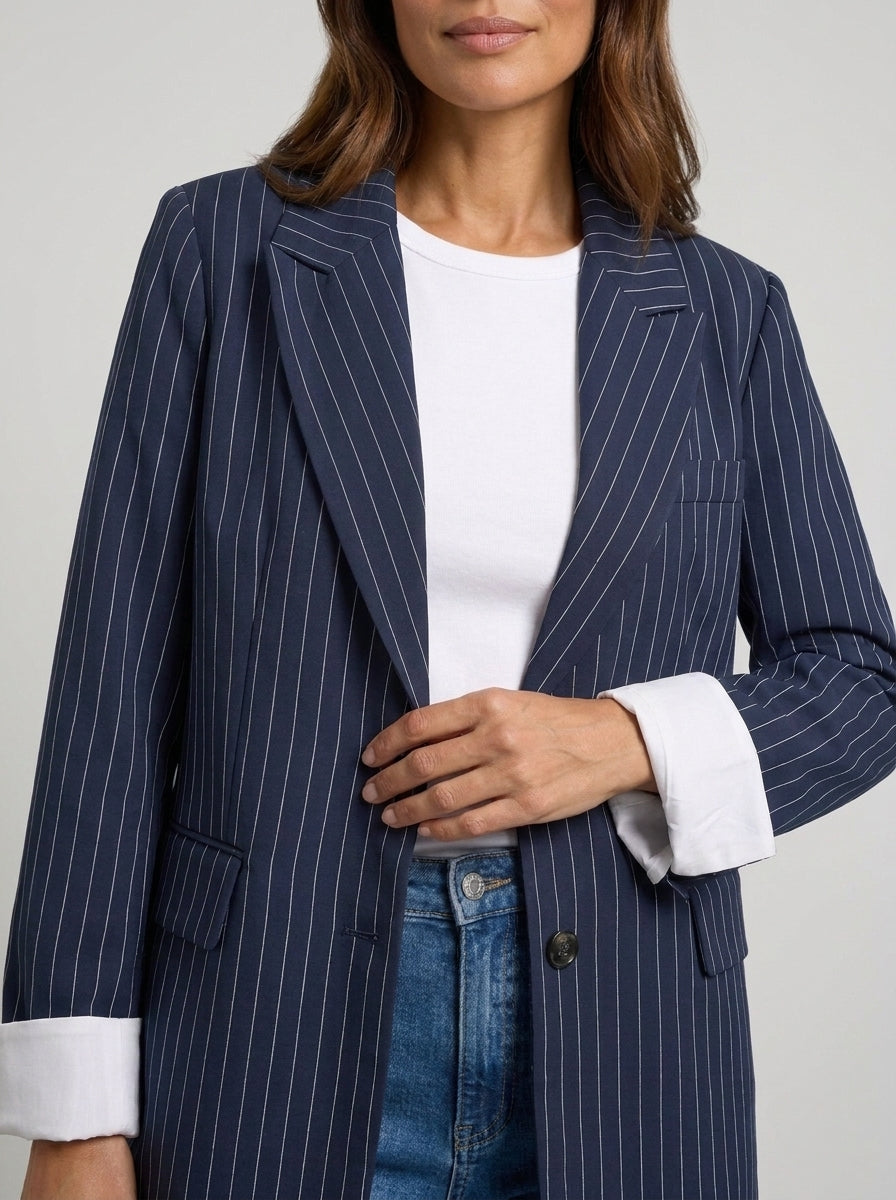 Dipni | Women's Oversized Blazer - Navy Pinstripe White Trim Jacket