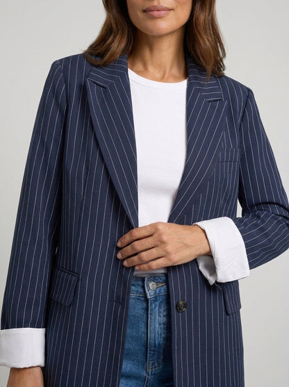Dipni | Women's Oversized Blazer - Navy Pinstripe White Trim Jacket