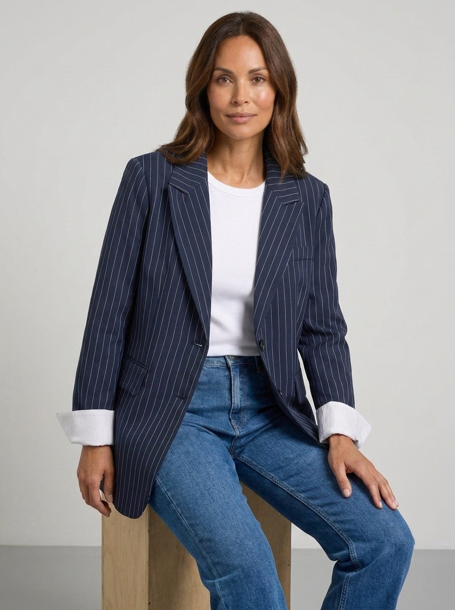 Dipni | Women's Oversized Blazer - Navy Pinstripe White Trim Jacket