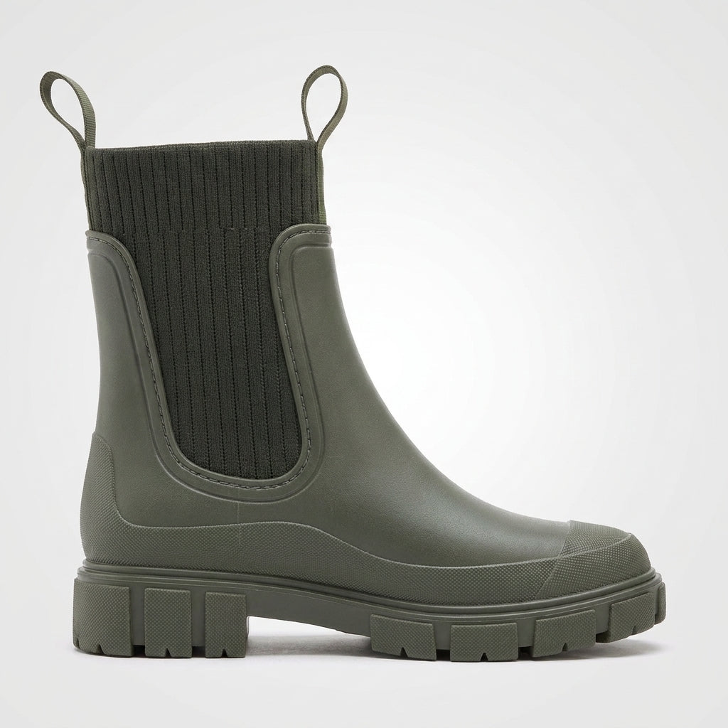 Dipni | Women's Chelsea Rain Boots, Vegan Rubber, Waterproof Lug Sole - shot-01-single-toe-right-green.jpg