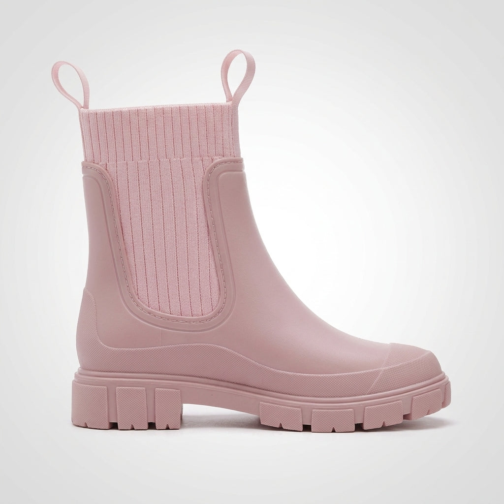 Dipni | Women's Chelsea Rain Boots, Vegan Rubber, Waterproof Lug Sole - shot-01-single-toe-right-pink.jpg