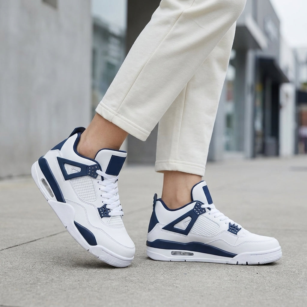 Dipni | Women's Mid-Top Sneakers, Vegan Leather, Air Cushion Sole - shot-05-model-denim-wit.jpg