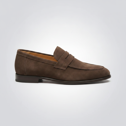 Brown vegan suede penny loafer