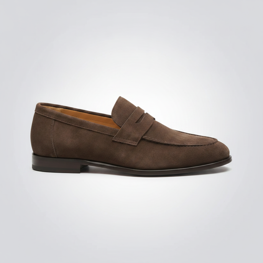 Brown vegan suede penny loafer